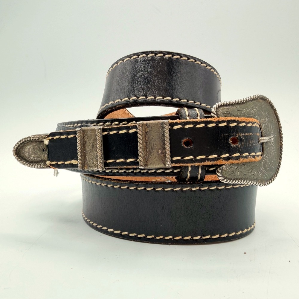 Vintage 80s Black Leather Western Belt 39" Silver Engraved Concho Cowboy USA 90s